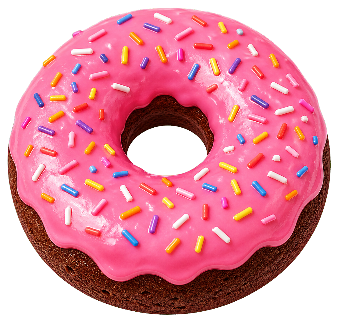 Pink frosted donut with colorful sprinkles on a brown donut base