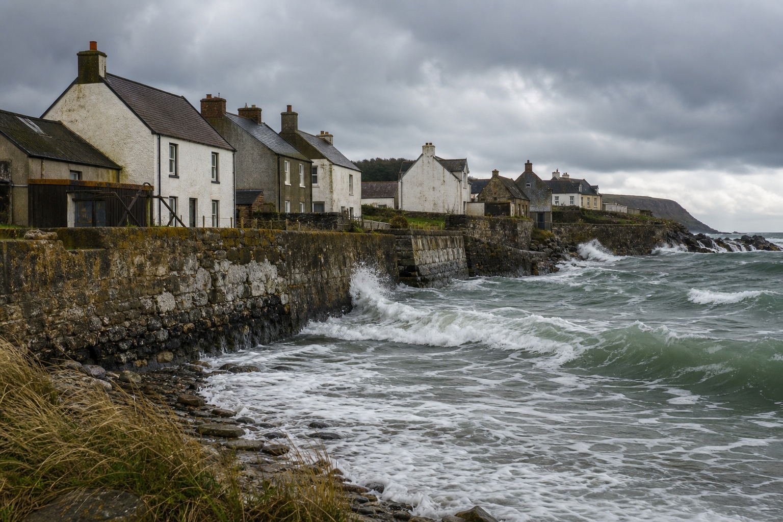 Cliffside coastal village houses beside a rocky shoreline with waves breaking on the sea wall.
