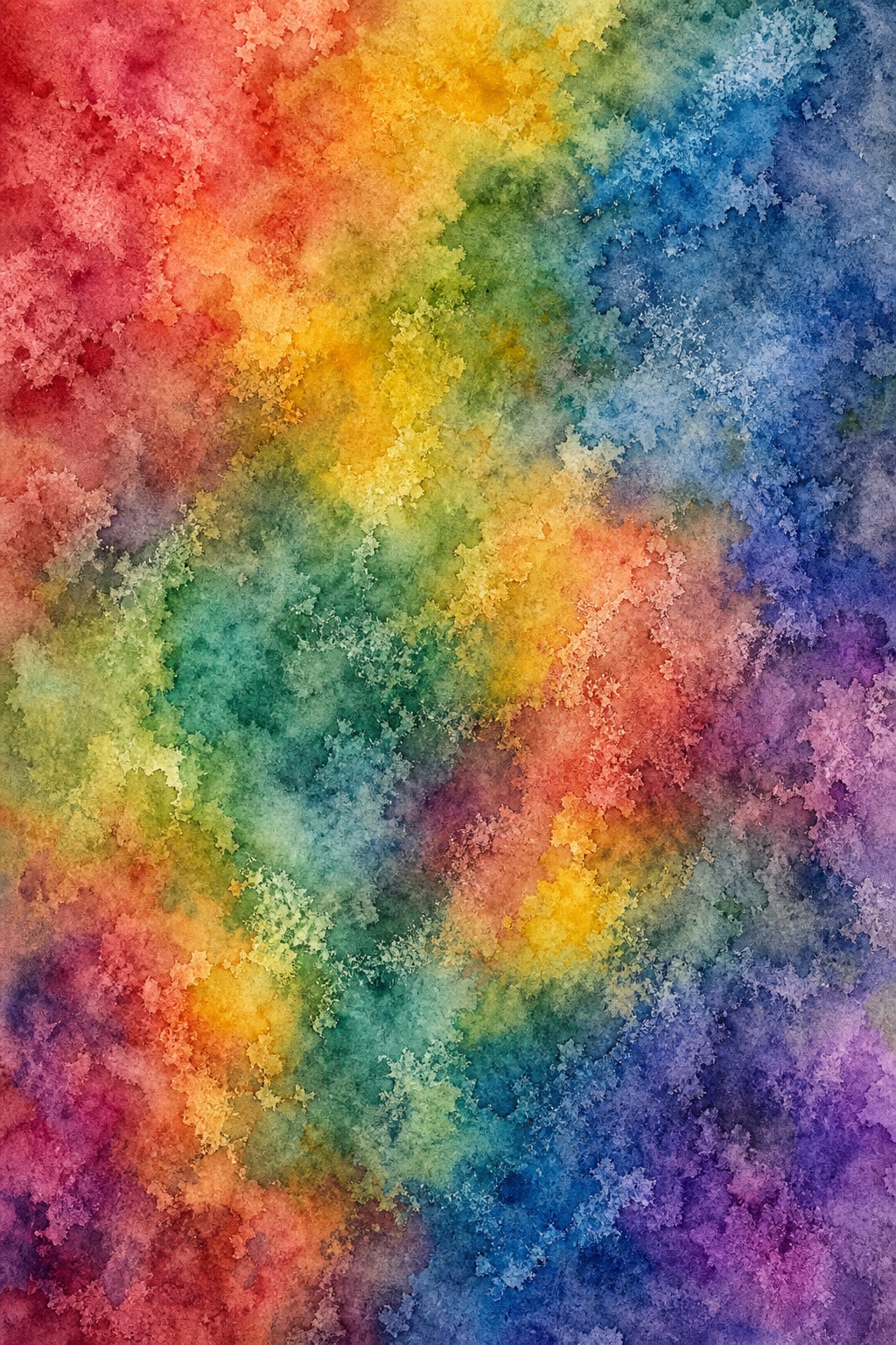 Muted rainbow ink wash texture with granular pigment and soft blended color clouds.