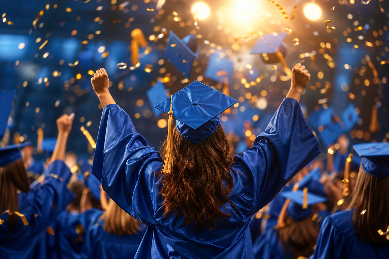 Graduates in blue caps and gowns cheering under falling confetti and lights