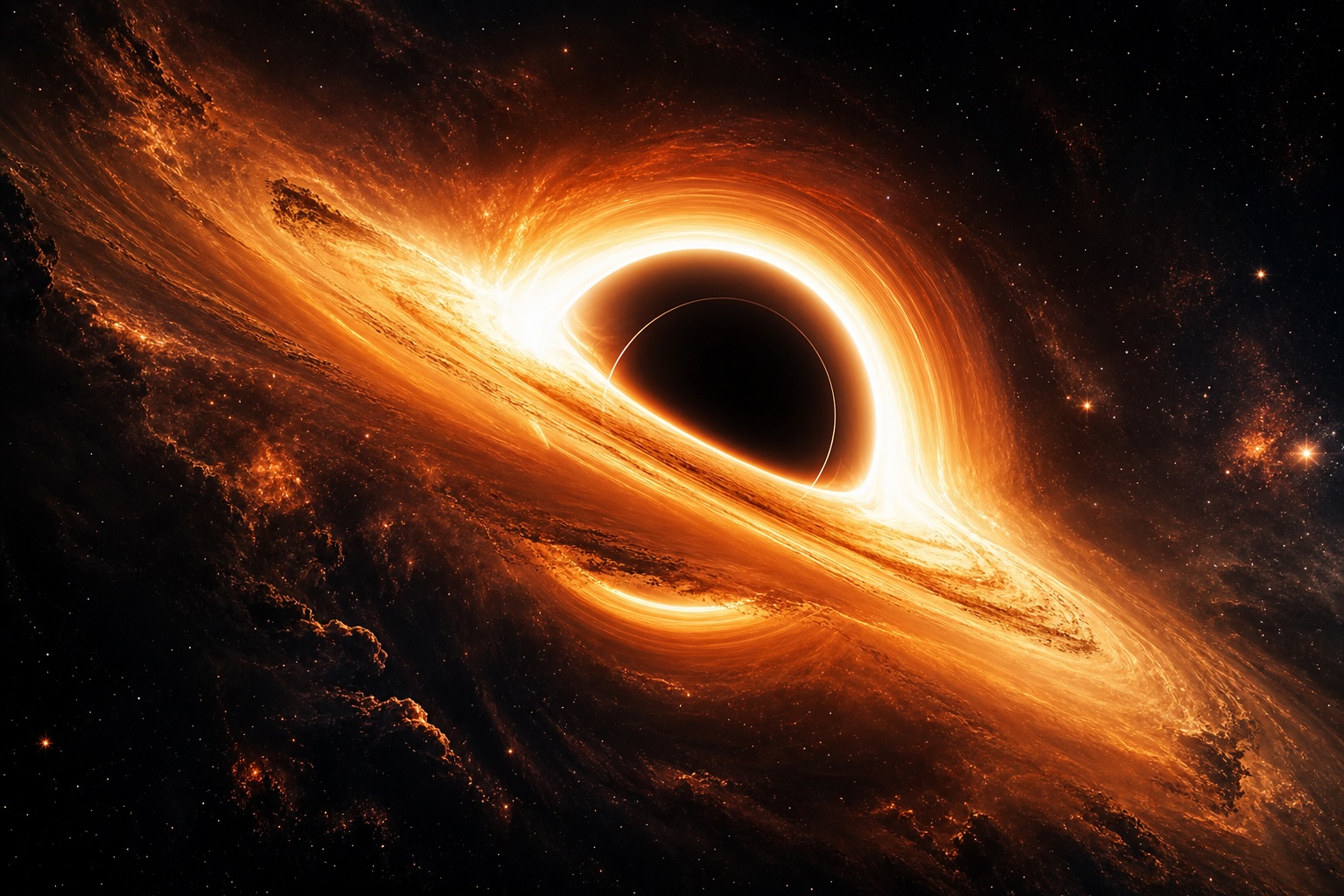 Glowing black hole with bright orange accretion disk in deep space