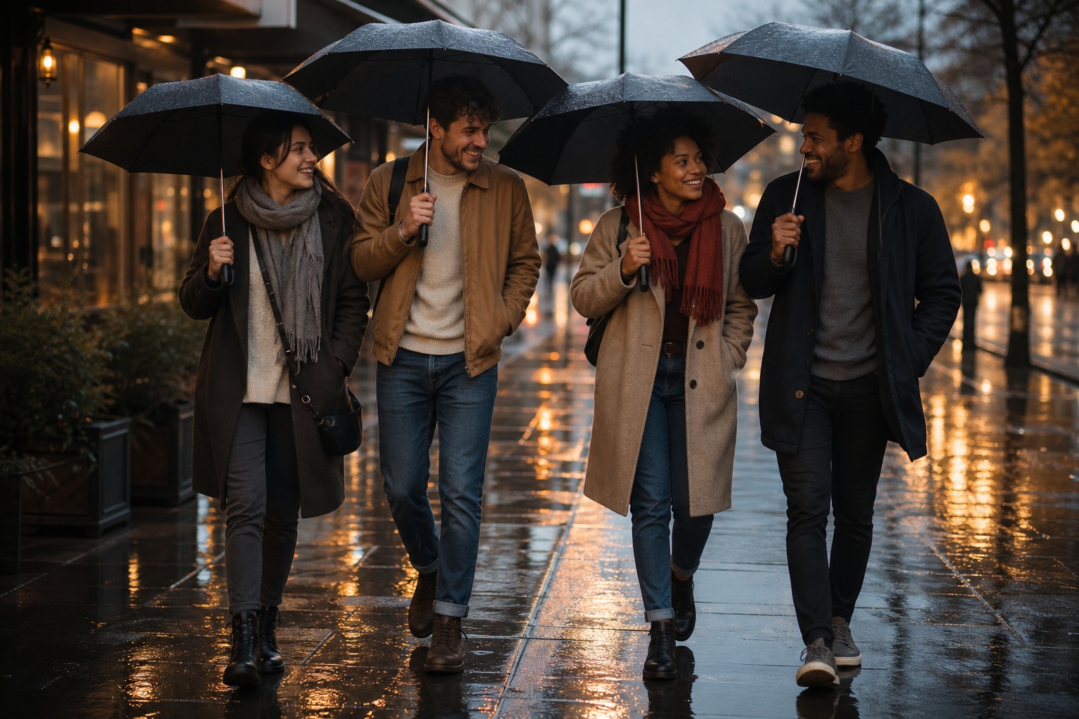 Four friends walking together under umbrellas on a wet city sidewalk at night.