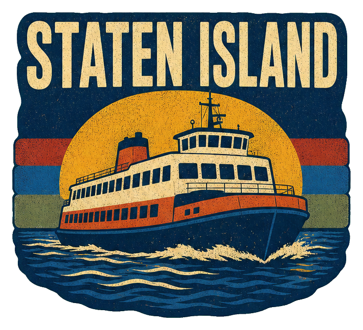 Retro illustrated sticker showing a ferry under the words Staten Island