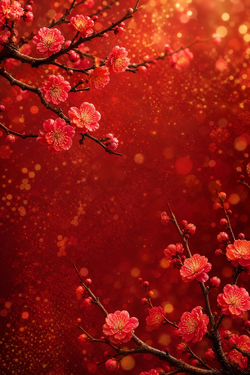 Pink plum blossoms on dark branches over a red abstract festive background