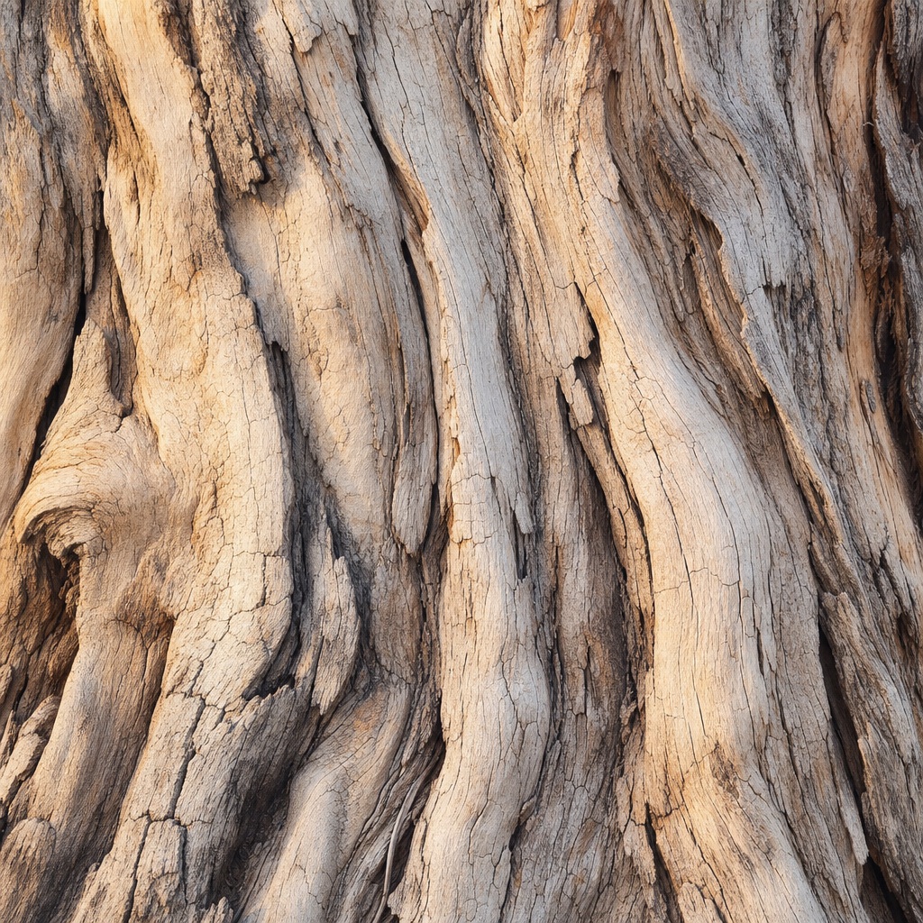 Close-up of weathered bark with sun-bleached wood grain and deep natural grooves.