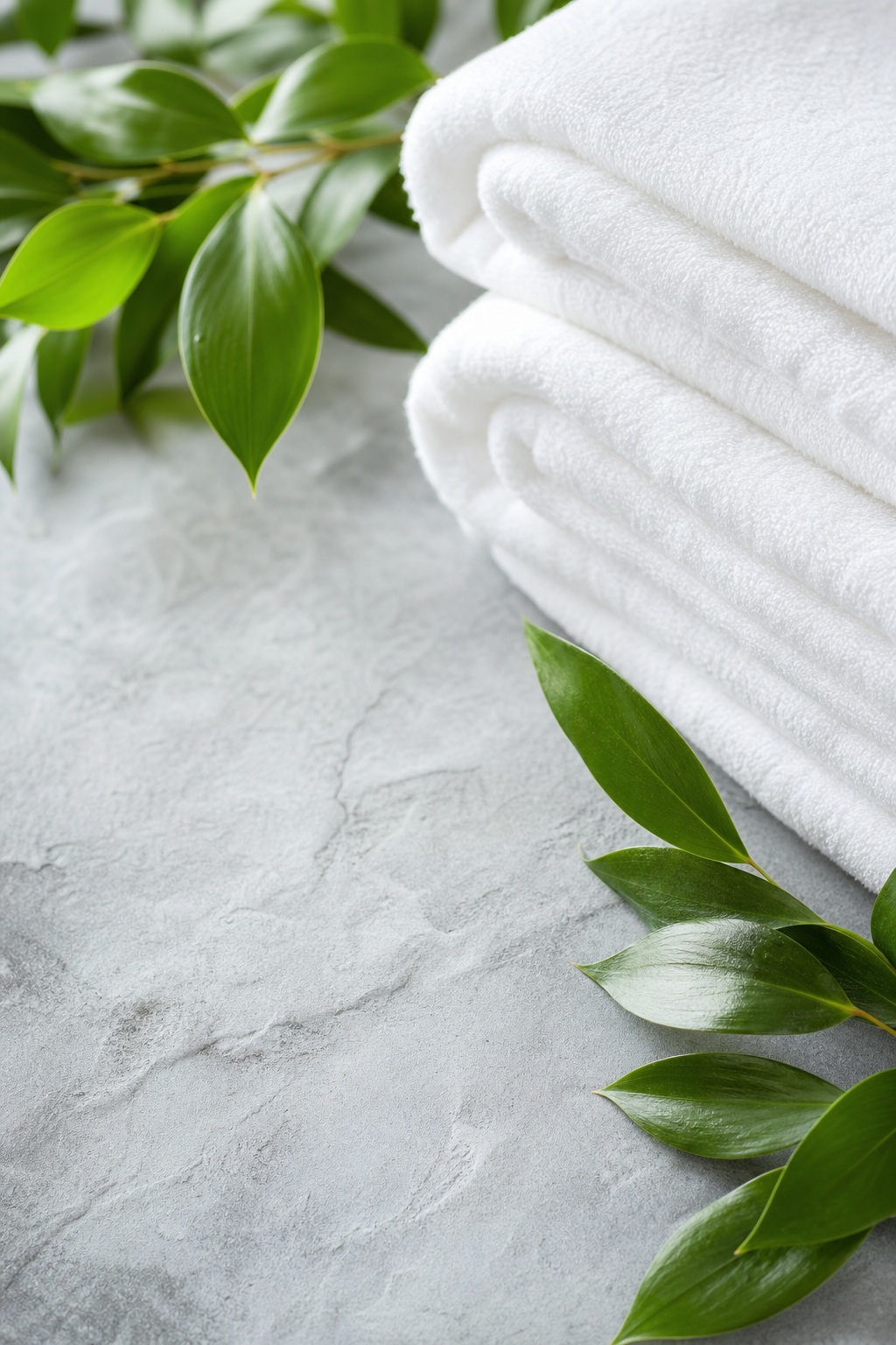 Folded white spa towels with green leaves on a light stone surface
