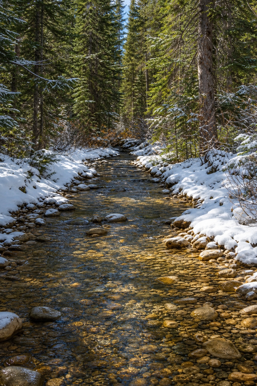 Clear pebble creek flowing through a snowy forest with evergreen trees