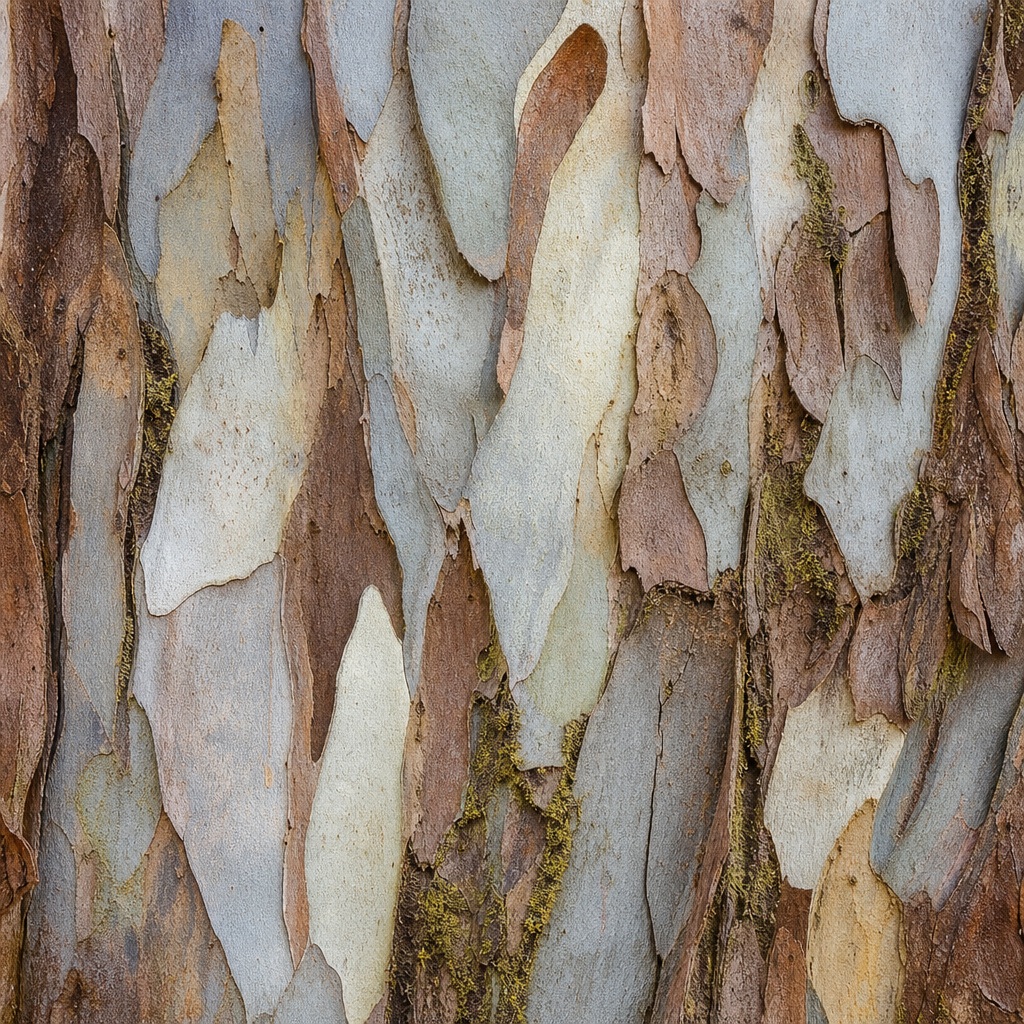 Close-up of weathered eucalyptus bark with peeling layers and moss touches.