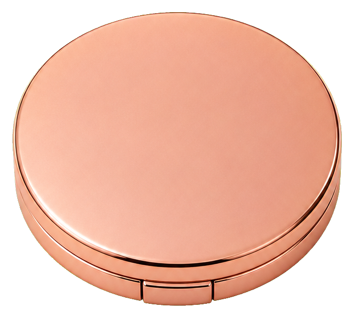 Rose gold cosmetic compact with a round closed lid and metallic finish