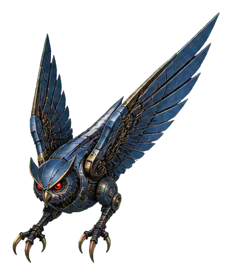 Mechanical owl robot with spread wings and glowing red eye in a diving pose