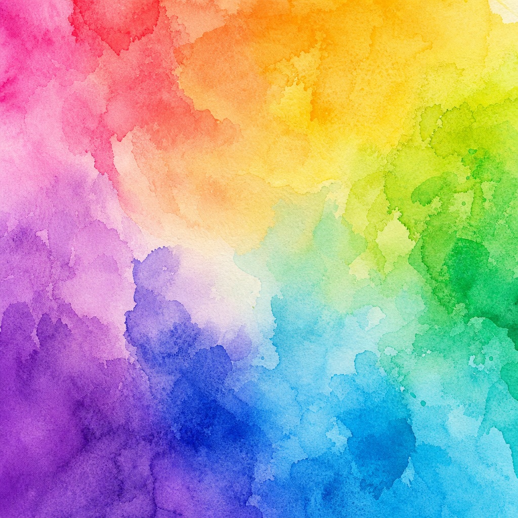 Square rainbow watercolor wash with soft blended pink, yellow, green, and blue tones