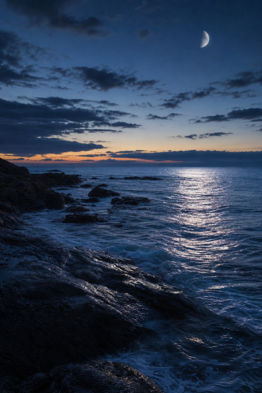 Waning moon above a dark ocean with waves reflecting light along a rocky shoreline