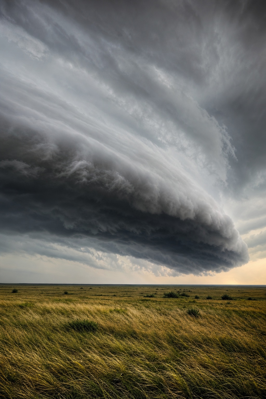 A dramatic shelf cloud stretches across a dark stormy sky over a grassy field