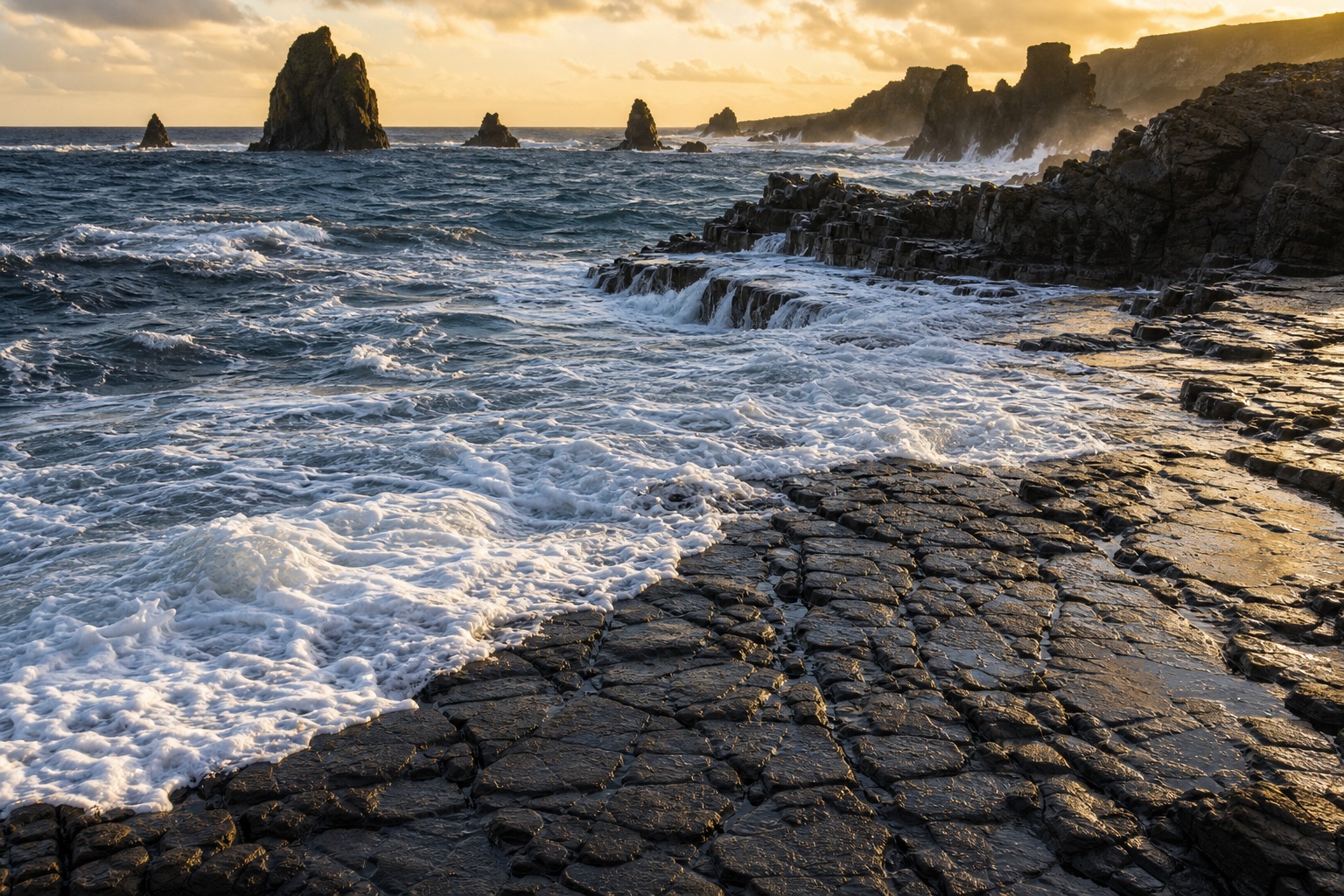 Rocky basalt shoreline with foamy waves, sea stacks, and soft golden evening light.