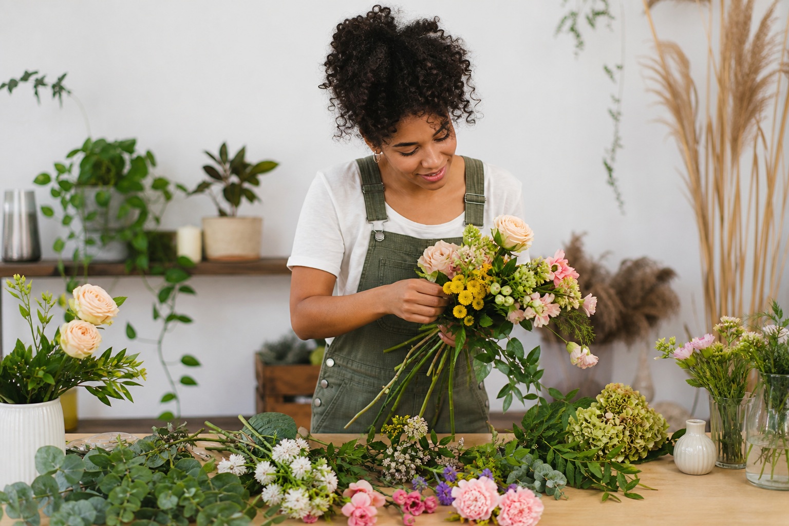 Florist arranging a bouquet at a flower-filled workspace table