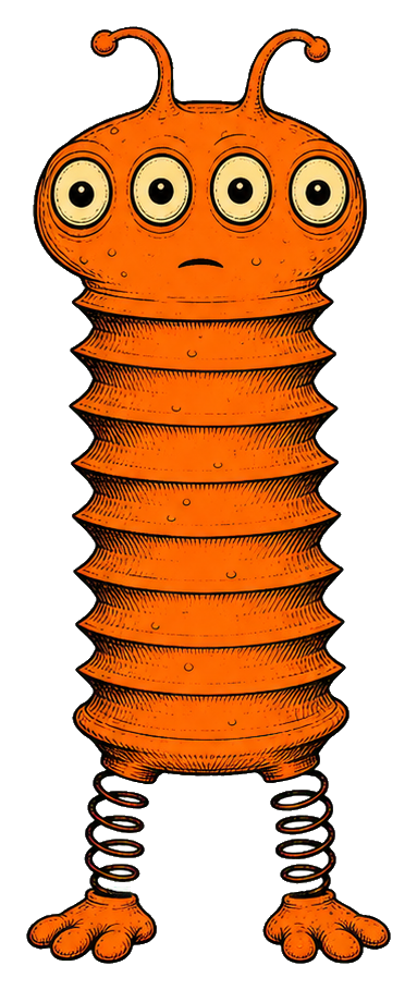 Orange accordion-bodied alien with four eyes, antennae, spring legs, and clawed feet