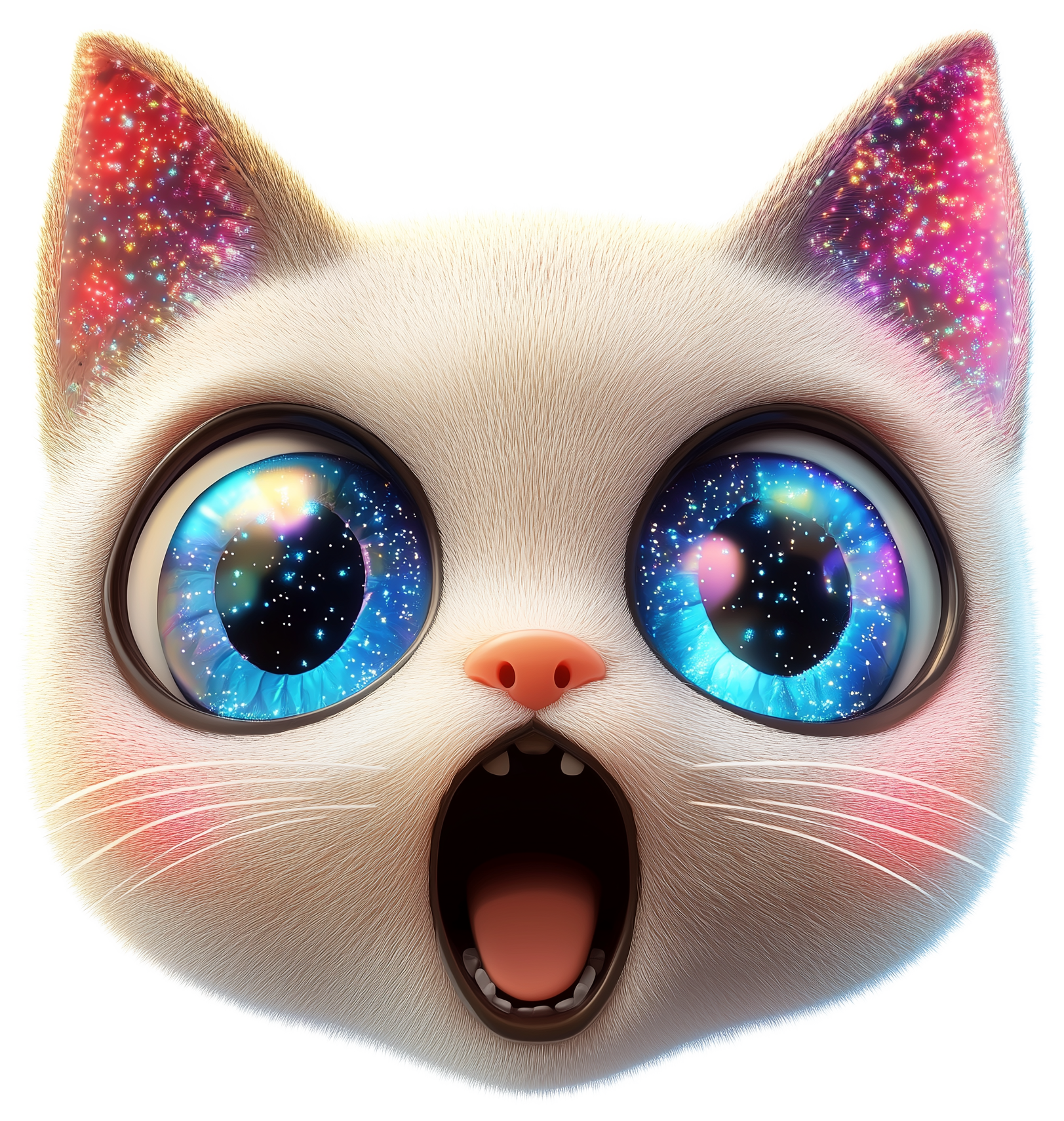 Cute 3D cartoon cat face with big blue eyes and open mouth