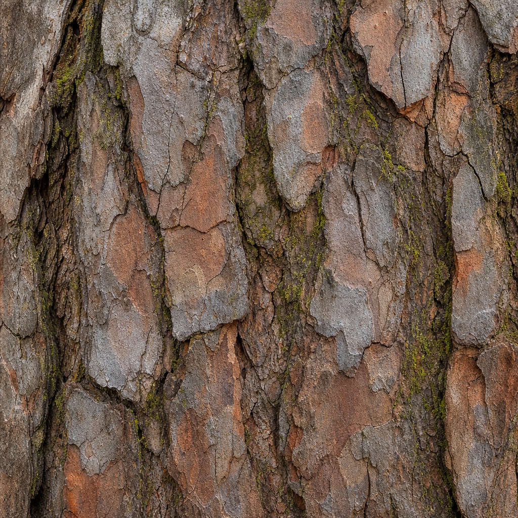 Close-up of weathered pine bark with patches of moss and rough natural texture