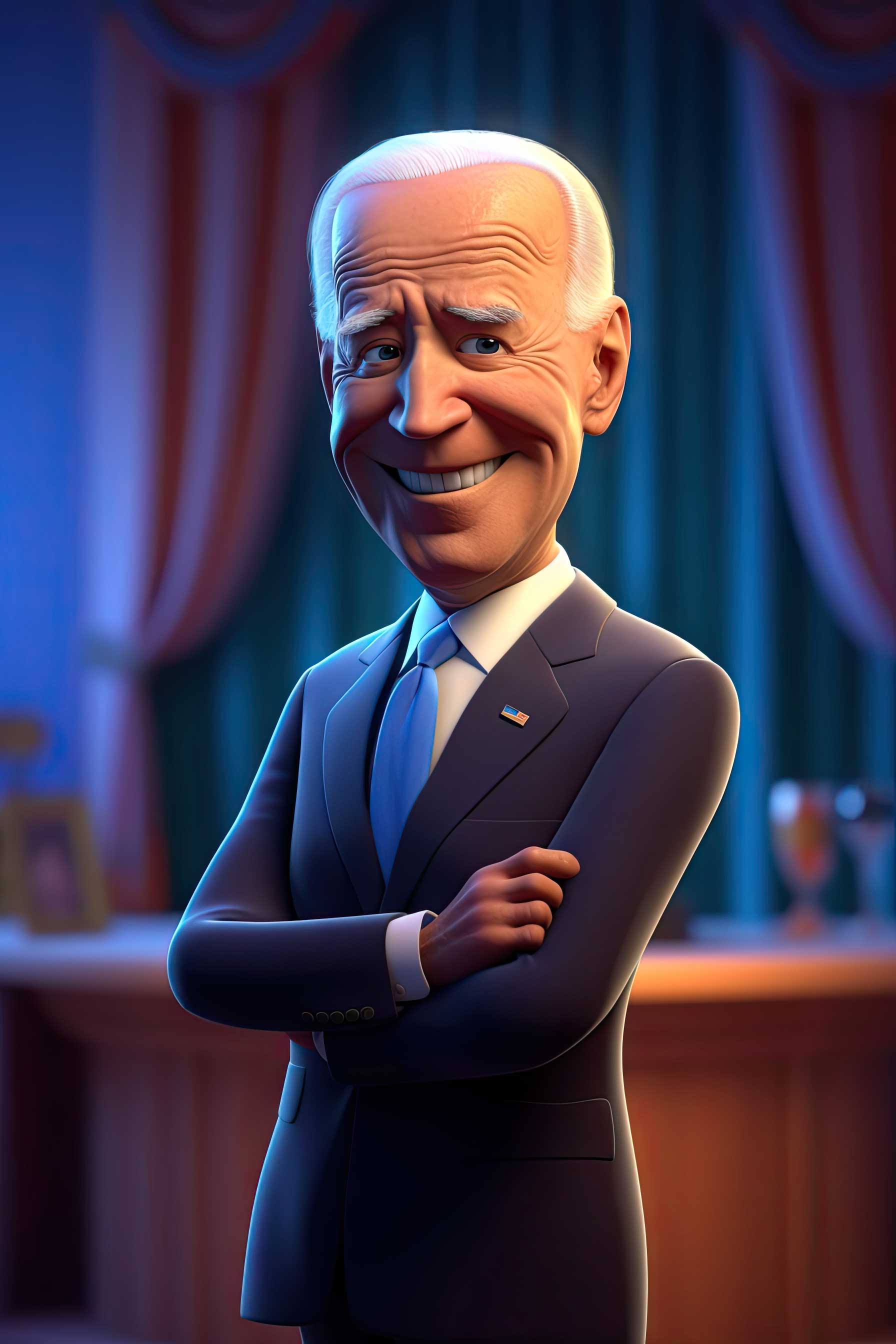 3D cartoon illustration of Joe Biden standing with arms crossed in front of a blurred interior backdrop.