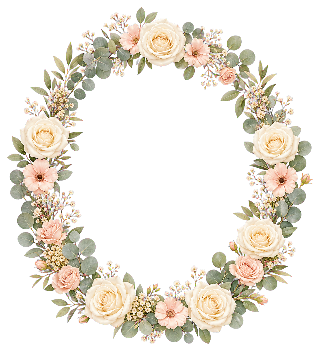 Pastel floral wreath frame with roses and greenery on a blank center.