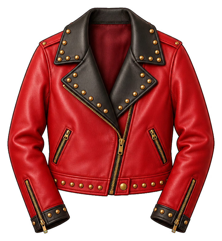 Red cherry leather jacket with black lapels and gold studs.