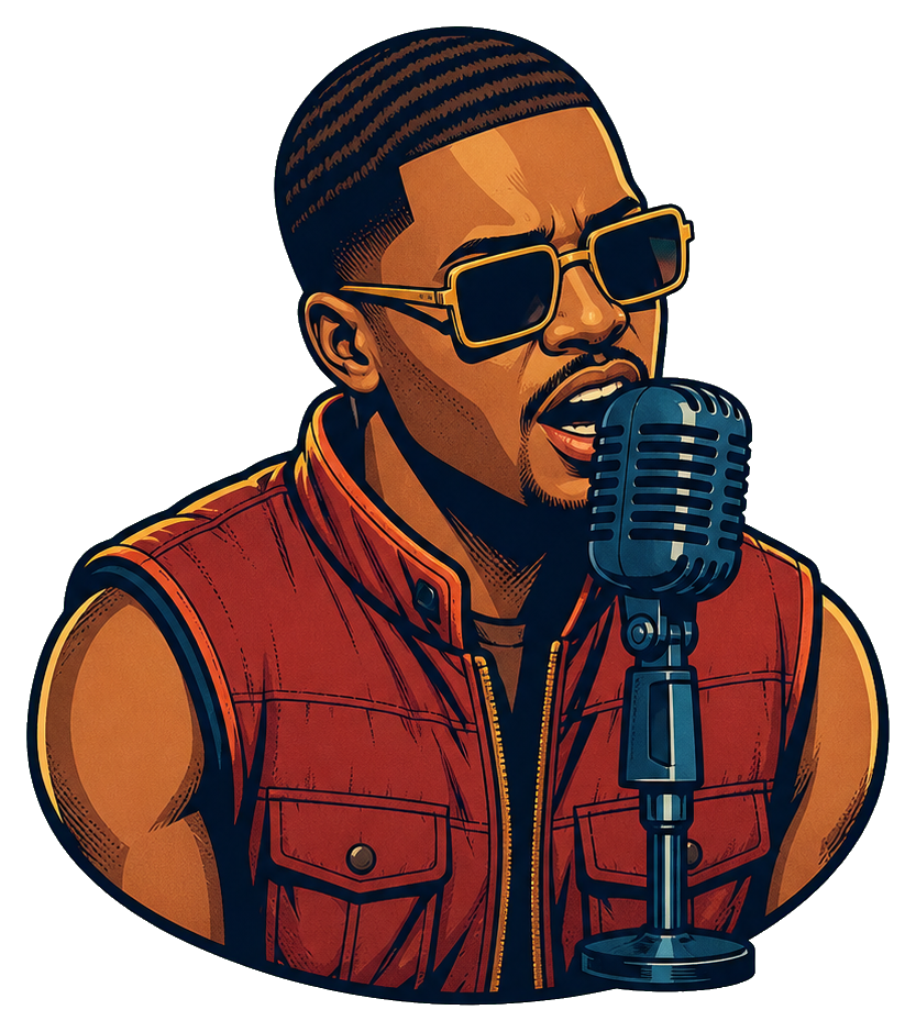 Gold-toned hip hop singer wearing sunglasses beside a vintage microphone