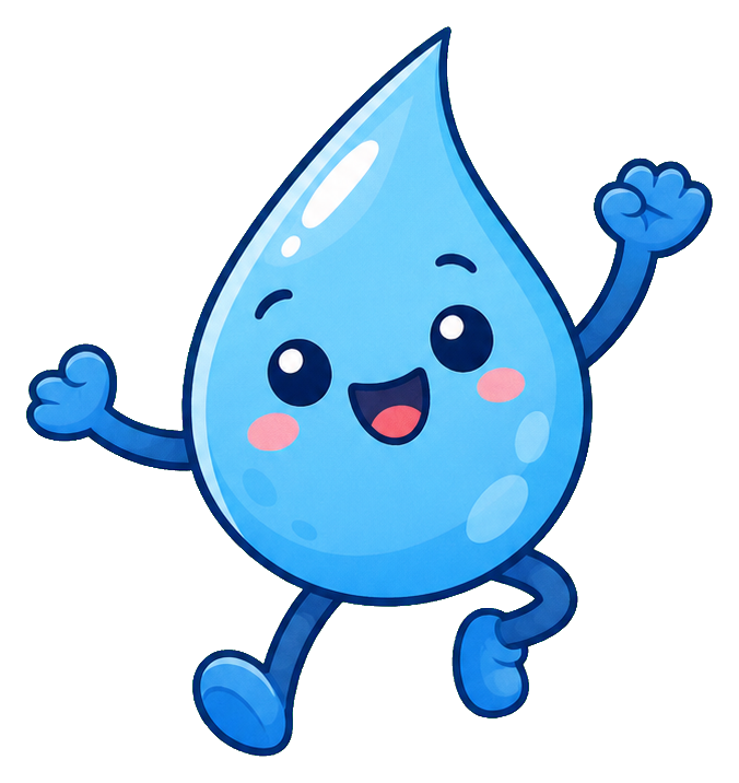 Cute blue raindrop character dancing with smiling face and raised arms