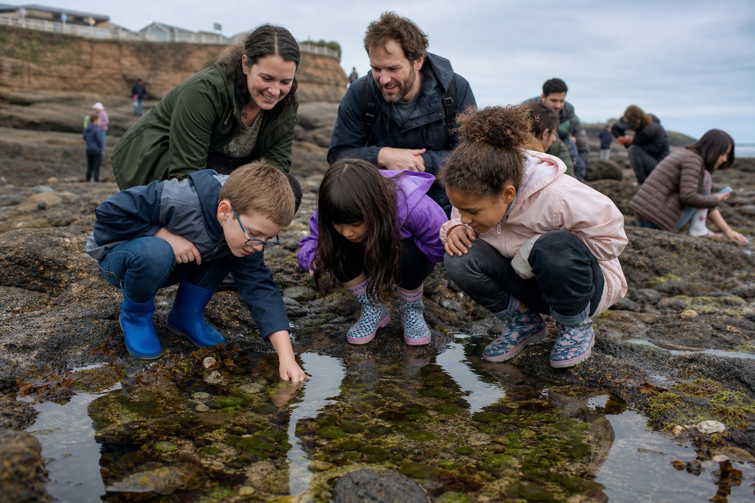Group of people crouching on rocky shoreline near tidepools by the coast