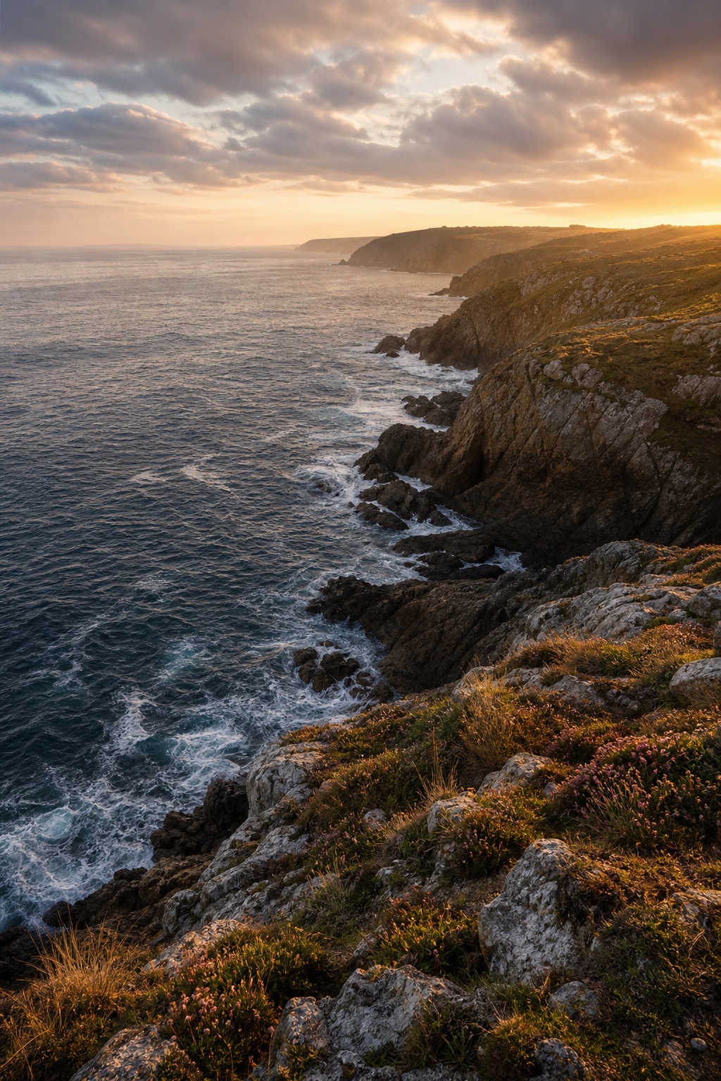 Sunset light over rocky coastal cliffs and the ocean