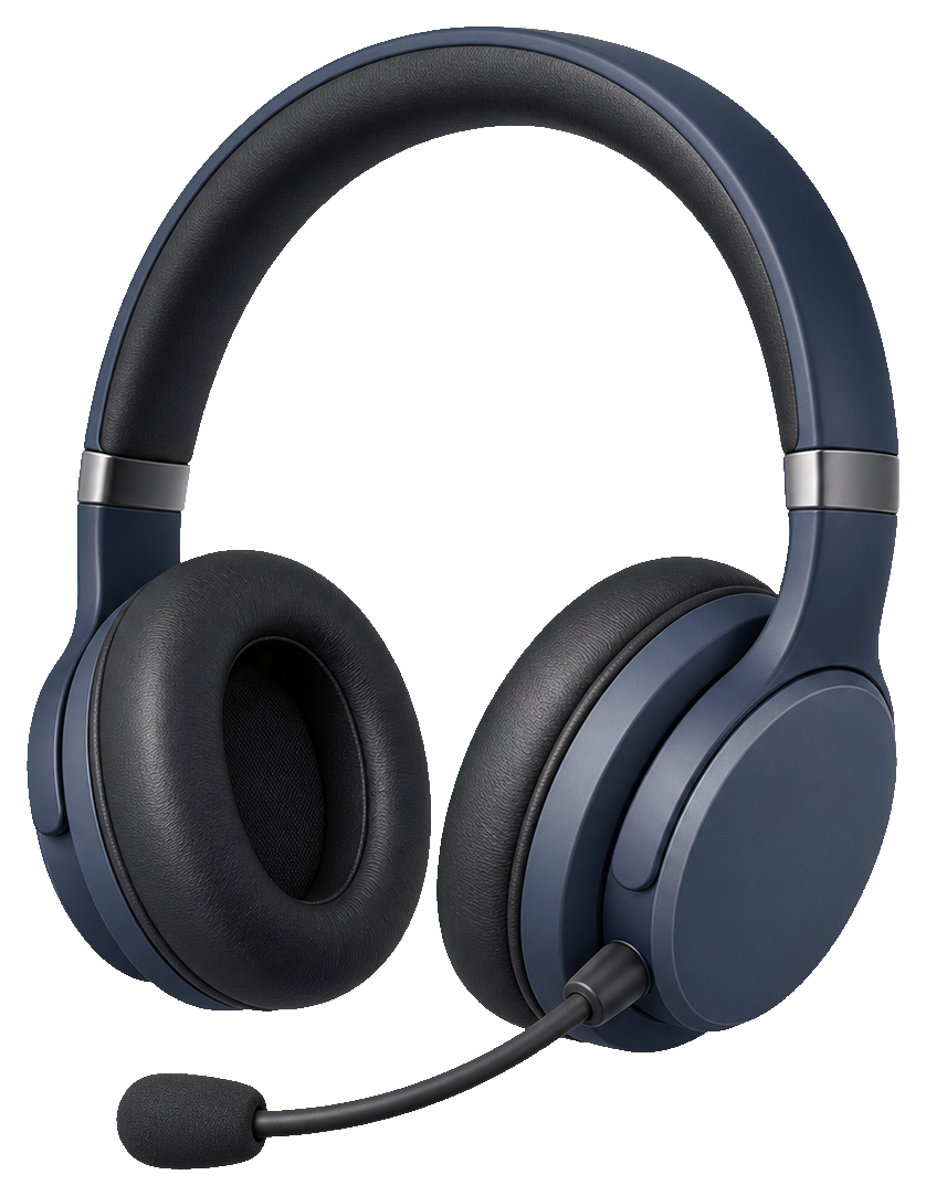 Black and blue over-ear headphones with a microphone boom