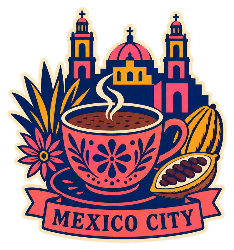 Retro illustrated cacao cup with Mexico City text and colorful city landmarks
