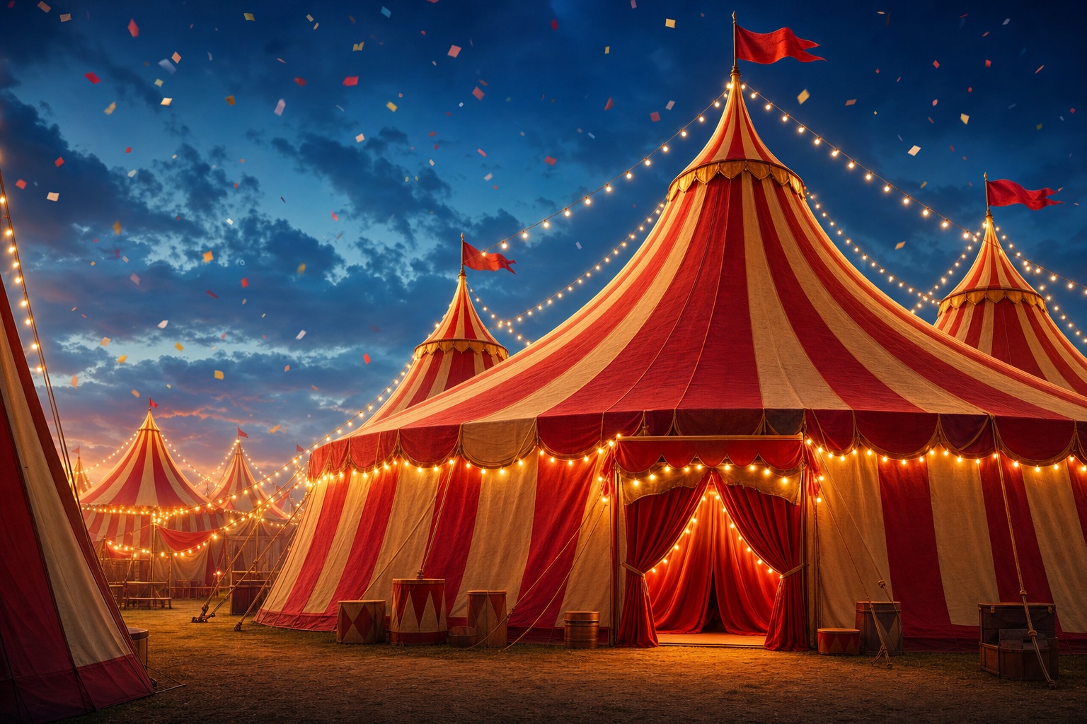 Colorful circus big top tent lit at night with red and gold stripes