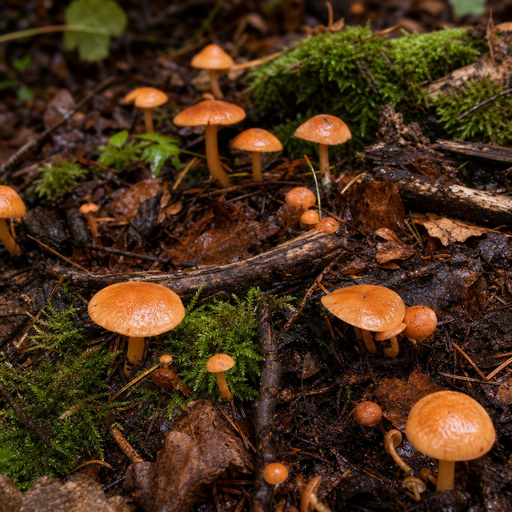 Small orange mushrooms growing on a damp mossy forest floor with twigs and dark soil.