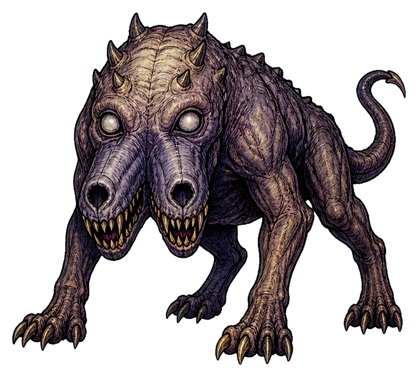 A snarling two-headed monster hound with bony skin, sharp teeth, and a long tail.