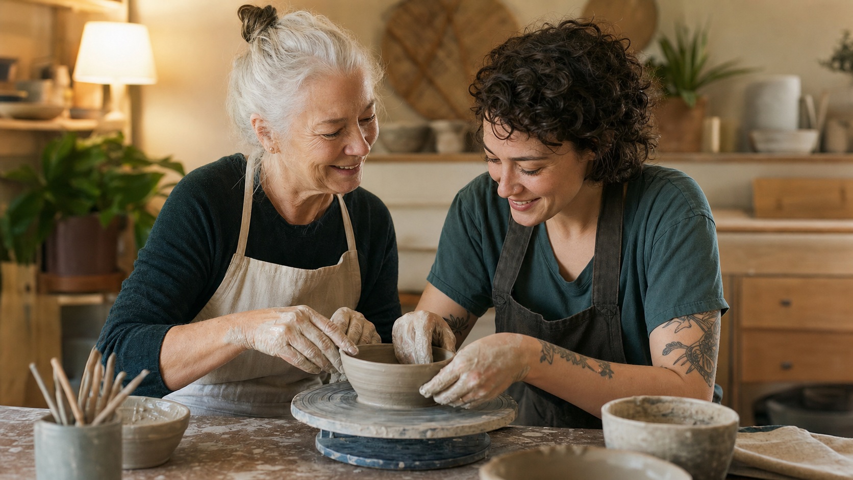 Two people working together on ceramics at a pottery table in a warm studio.
