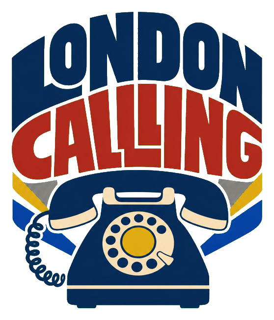 Retro London Calling text above a vintage blue rotary telephone illustration.