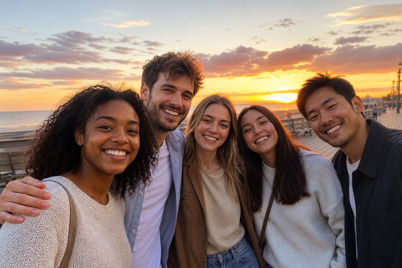 Five smiling friends pose together on a boardwalk at sunset.