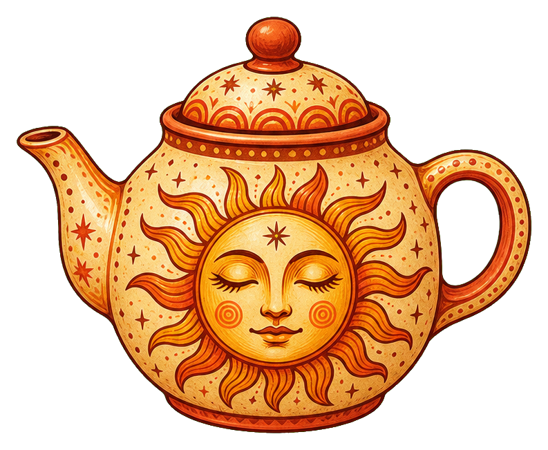 Orange teapot with a human face and sun rays in a folk-art style