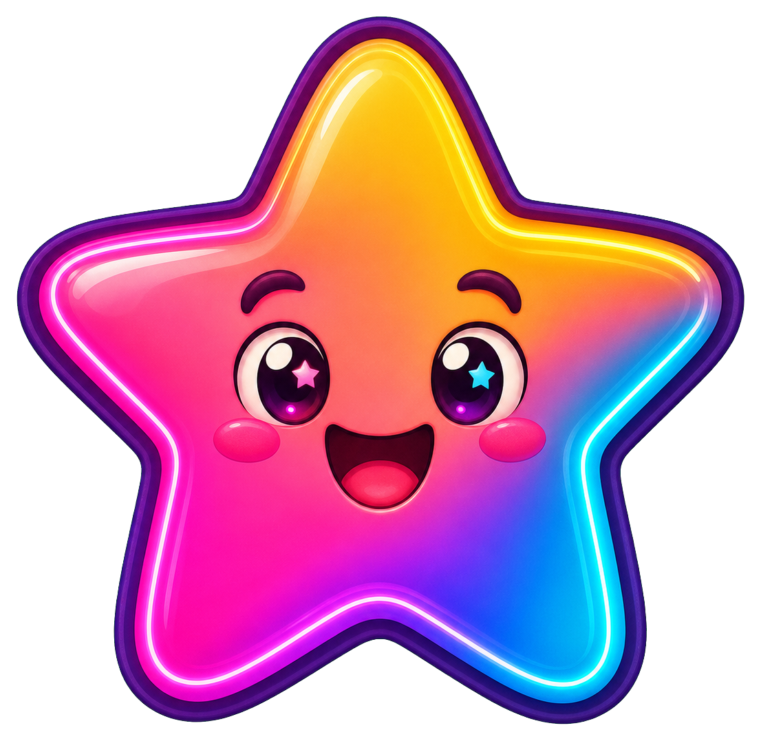Cute smiling neon gradient star with glowing pink, purple, and orange edges