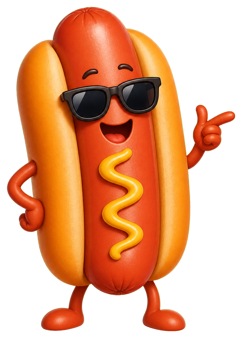 Cartoon hot dog character wearing sunglasses and posing with a peace sign.