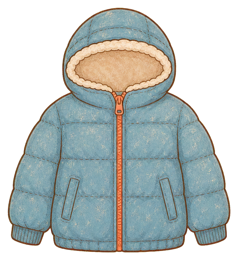 Dusty blue puffer coat with hood and coral zipper