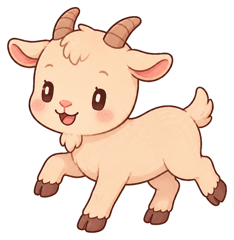 Cute pastel tiny goat standing with a smiling face and small horns.