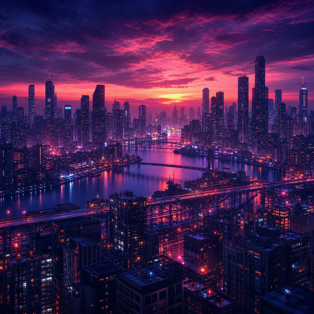 Glowing city skyline at sunset with bright urban lights and a river reflection