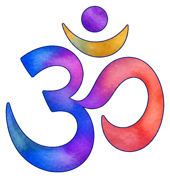 Colorful watercolor Om symbol in blue, purple, and coral tones on a transparent background.