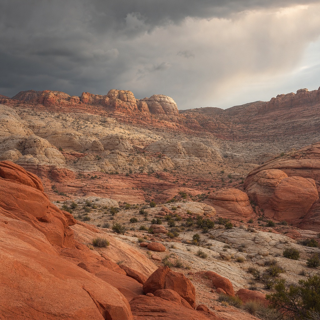 Weathered red sandstone canyon with layered cliffs, distant mountains, and a cloudy storm clearing sky.
