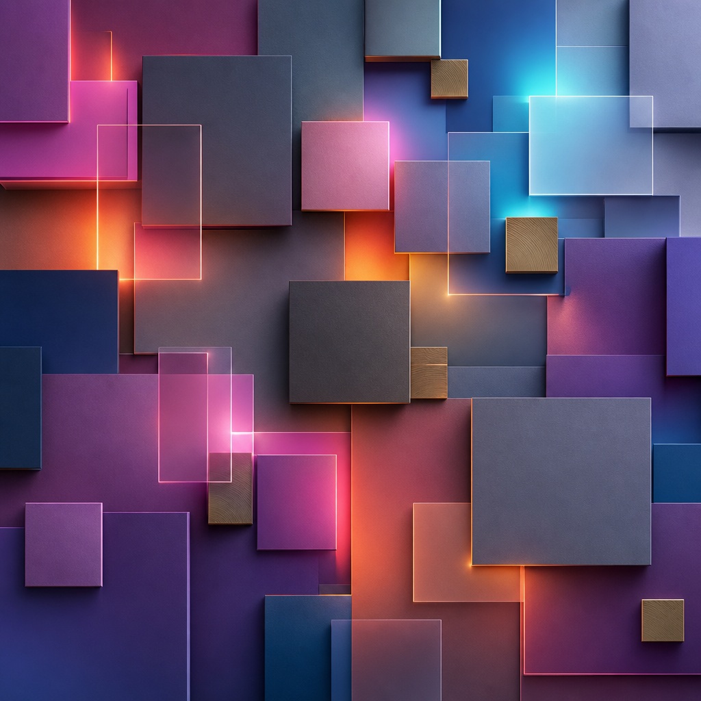 Layered square paperlike shapes glowing in pink, orange, blue, and purple on a dark background.