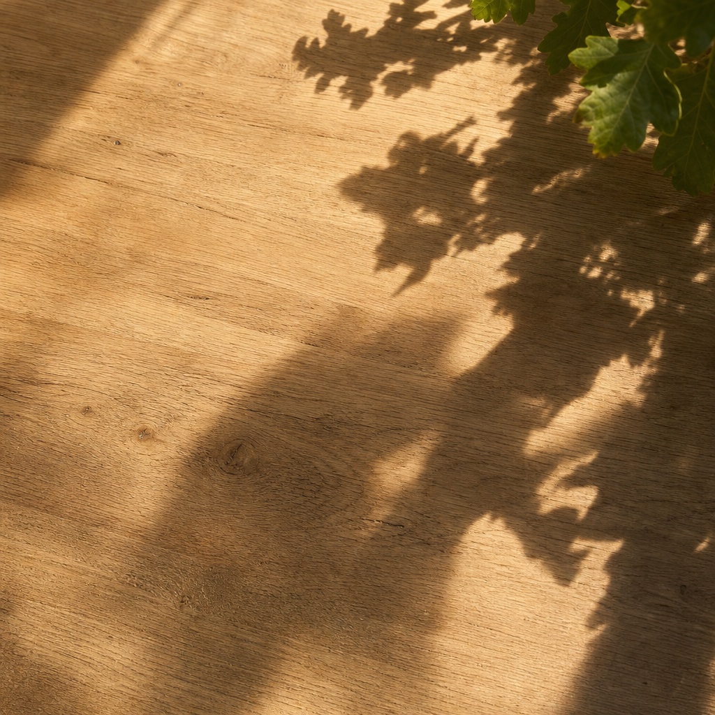 Square plant shadow cast across a warm wooden desk surface
