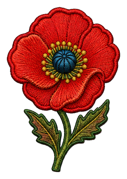 Embroidered scarlet poppy flower with green leaves and stitched detailing