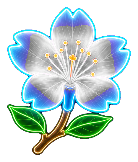 Glowing cyan and pink cherry blossom flower with green leaves on a dark background