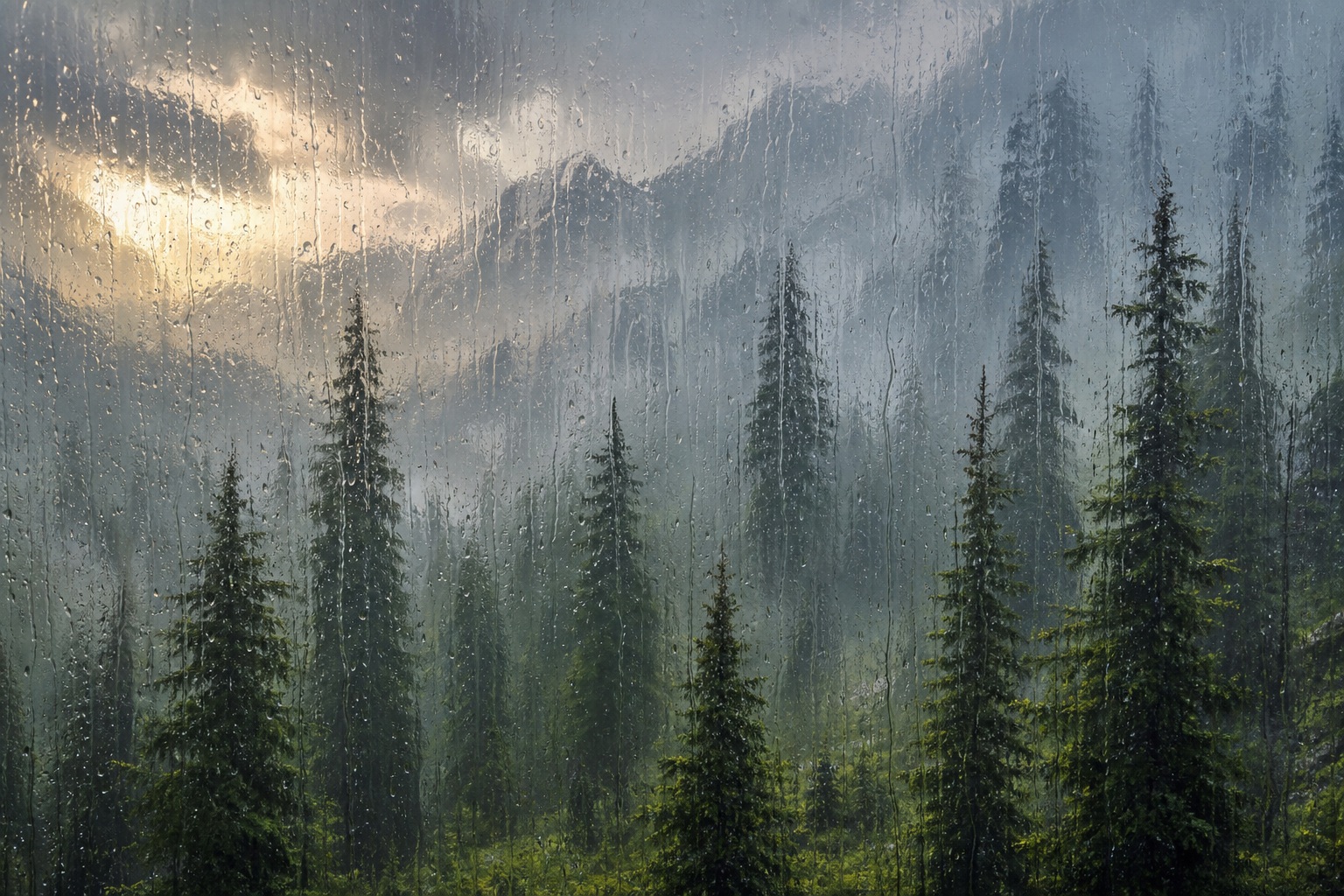 Misty alpine pine forest seen through a rain-speckled window with soft light